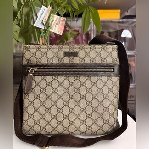 Gucci Beige and Brown Monogram Messenger Bag unisex.